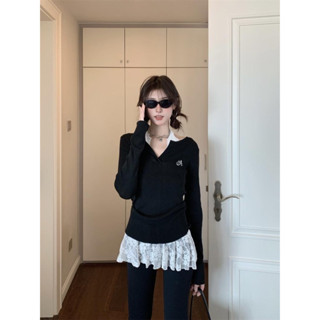  Set Áo Dệt Kim Cổ V Tay Dài Kèm Áo Yếm Trắng Ren Cột Cổ Thời Trang Nữ Mùa Thu Đông 2024 