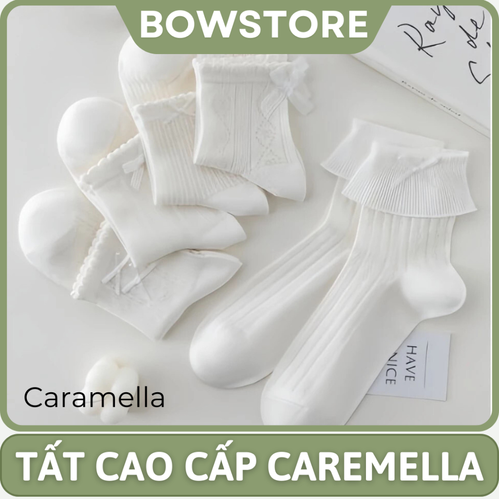 [CARAMELLA] Tất vớ cao cổ nữ phối ren đính nơ Caramella cotton co giãn thoáng khí phong cách nữ sinh