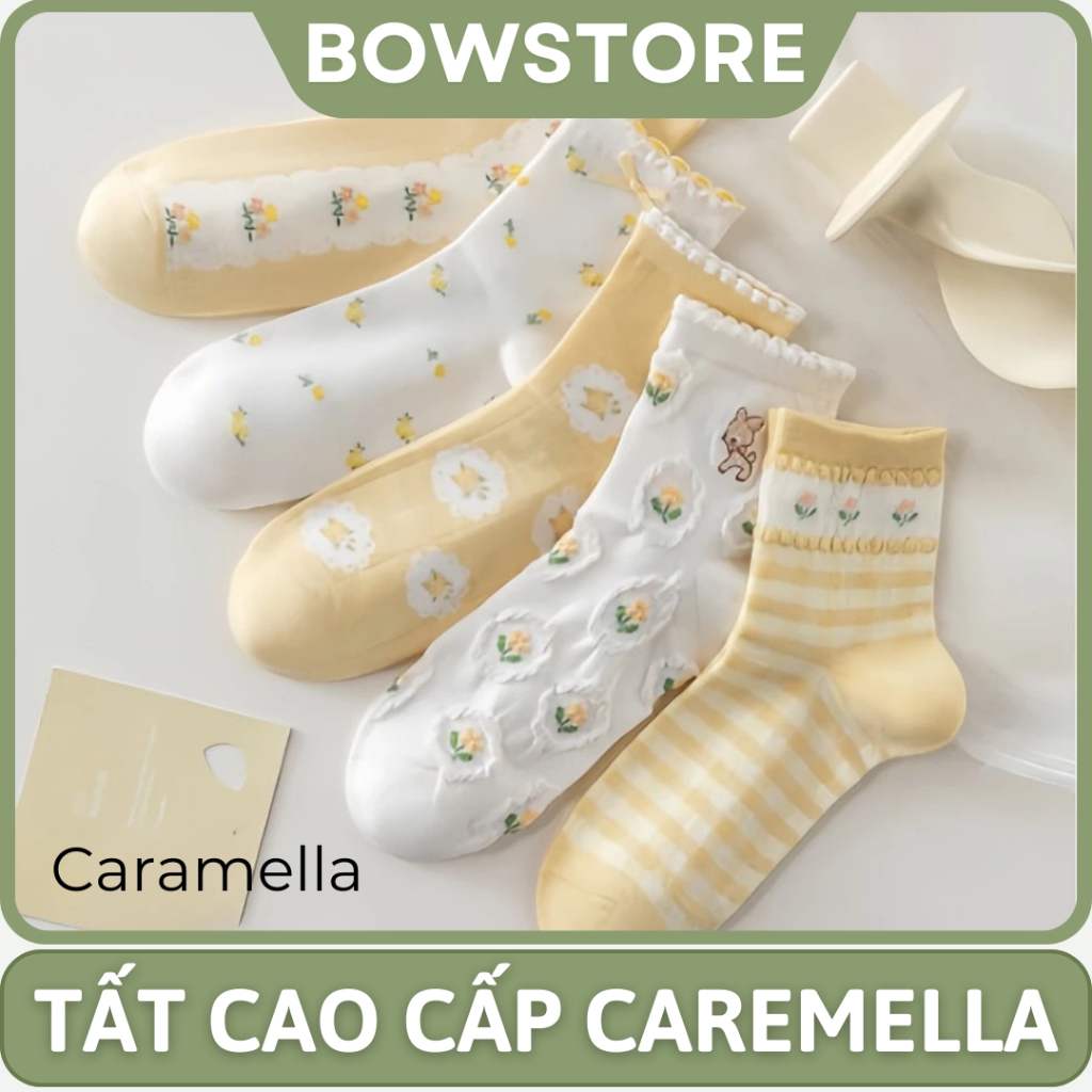 [CARAMELLA] Tất cao cổ nữ Caramella  phong cách Hàn Quốc, họa tiết cute Cotton cao cấp mềm mịn thoán