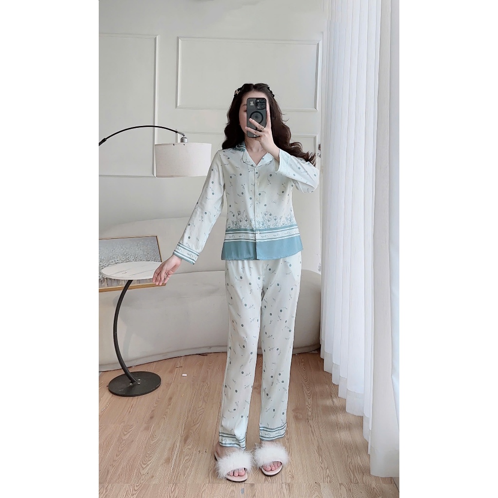 Bộ pyjama nữ Clover bộ lụa mặc nhà dài tay họa tiết chấm bi dễ thương [BPDL24014]