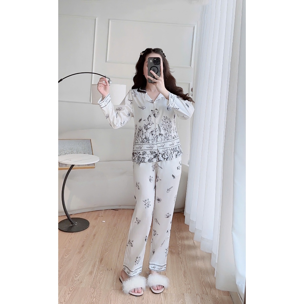 Bộ pyjama nữ Clover bộ lụa mặc nhà dài tay họa tiết ong sang trọng thanh lịch [BPDL24013]