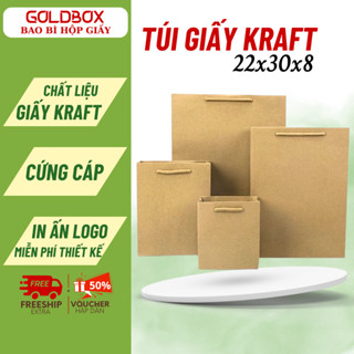 Combo 100 Túi Giấy KRAFT TRƠN Loại Dày Size 22x30x8, Túi Xi Măng Trơn Có Quai Xách Dùng Đựng Quà Tặng