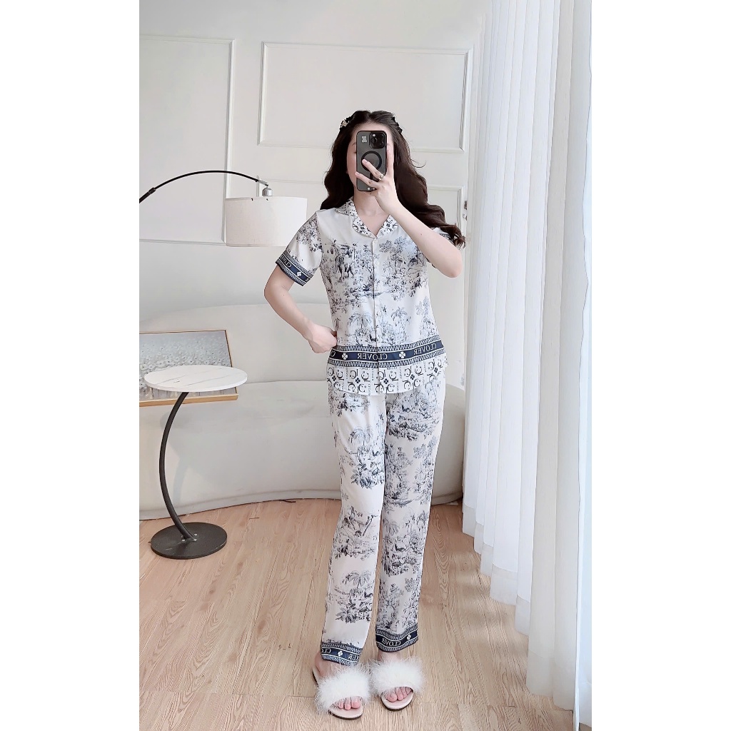 Bộ pyjama nữ Clover bộ lụa mặc nhà tay cộc quần dài họa tiết voi rừng sang trọng [BPCL24012]