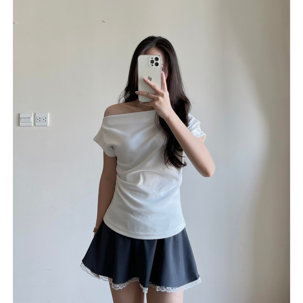 Áo thun lệch vai xếp ly eo điệu đà áo trễ vai nữ thắt eo tay cộc chất vải tăm lông thỏ ôm body HA500 | BigBuy360 - bigbuy360.vn