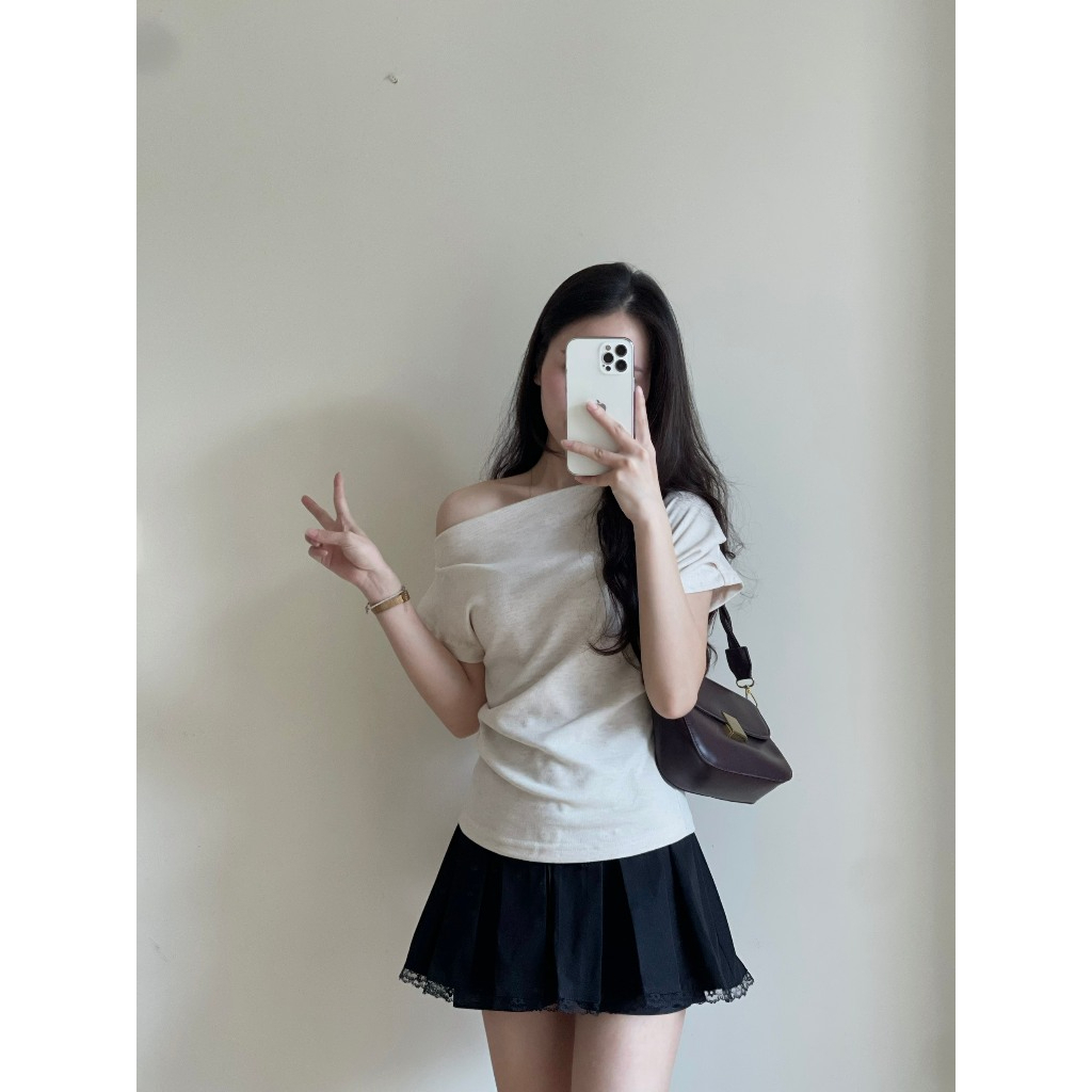 Áo thun lệch vai xếp ly eo điệu đà áo trễ vai nữ thắt eo tay cộc chất vải tăm lông thỏ ôm body HA500 | BigBuy360 - bigbuy360.vn