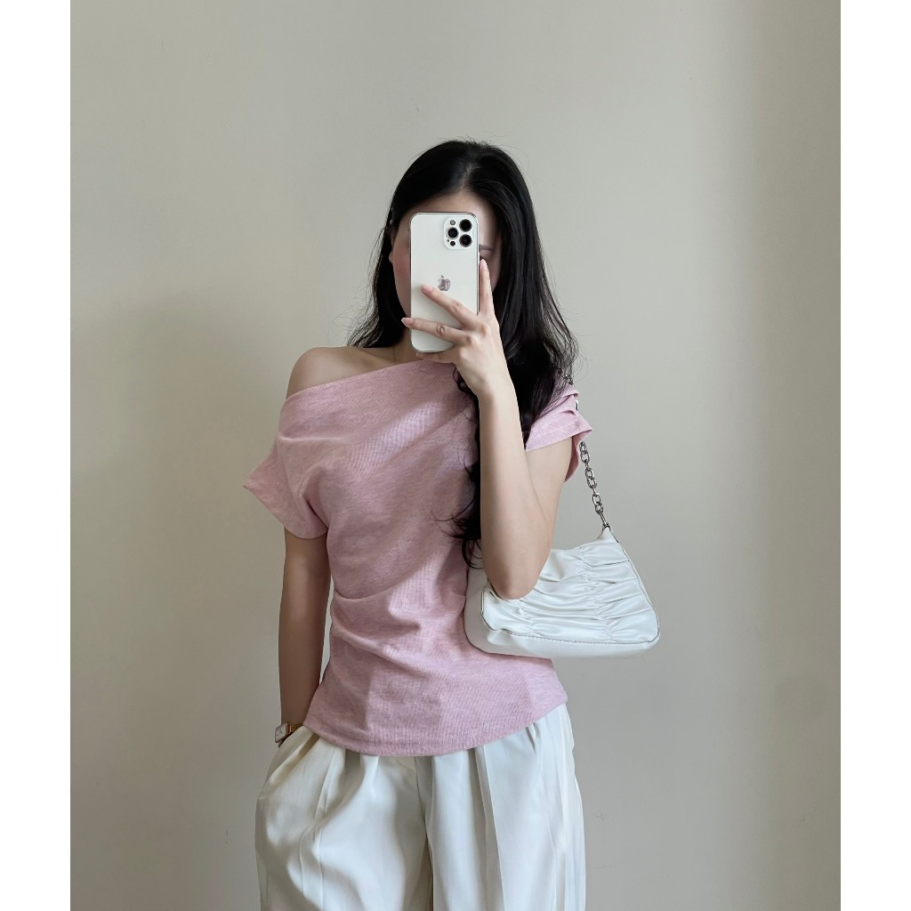 Áo thun lệch vai xếp ly eo điệu đà áo trễ vai nữ thắt eo tay cộc chất vải tăm lông thỏ ôm body HA500 | BigBuy360 - bigbuy360.vn