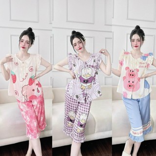 [38 tới 70kg lụa latin] Bộ Ngủ Dễ thương Áo cánh tiên bèo đôi quần lửng 9 tấc vải lụa latin mềm mát đồ bộ pijama