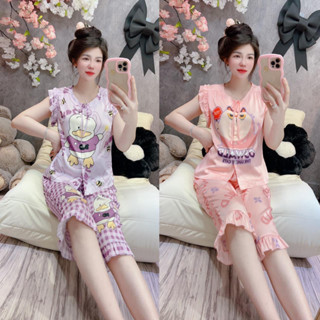 [lụa latin] Bộ Ngủ Dễ thương Áo cánh tiên bèo đôi quần lửng 9 tấc vải lụa latin mềm mát đồ bộ pijama