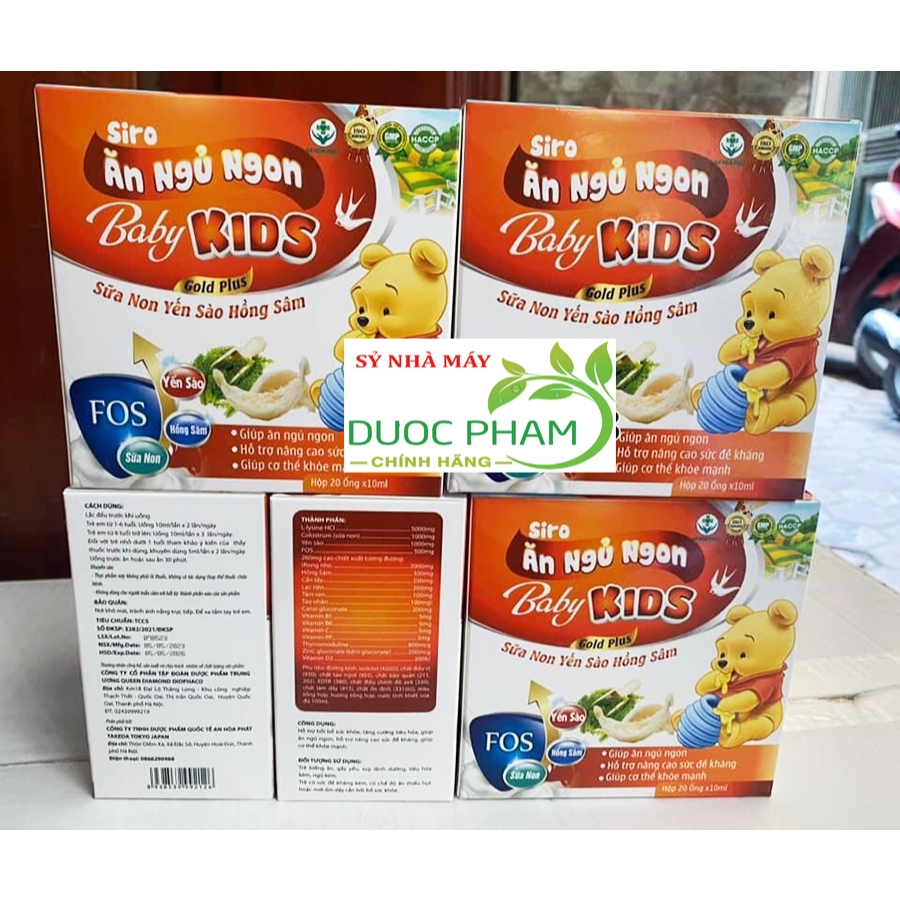Siro ăn ngủ ngon Baby Kids gold plus sữa non, yến sào, hồng sâm (Hộp 20 ống)