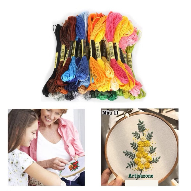 Bộ chỉ thêu tay 08 tép/ 50 tép/ 100 tép (dài 8 mét 1 màu, sợi cotton màu trơn khác nhau) - Vải thêu