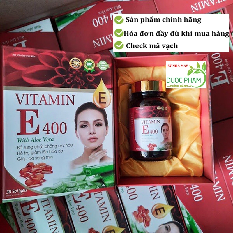 Vitamin E đỏ 400IU lô hội hàm lượng 400 lọ thủy tinh cao cấp With Aloe hộp 30 viên