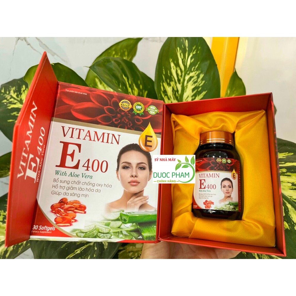 Vitamin E đỏ 400IU lô hội hàm lượng 400 lọ thủy tinh cao cấp With Aloe hộp 30 viên