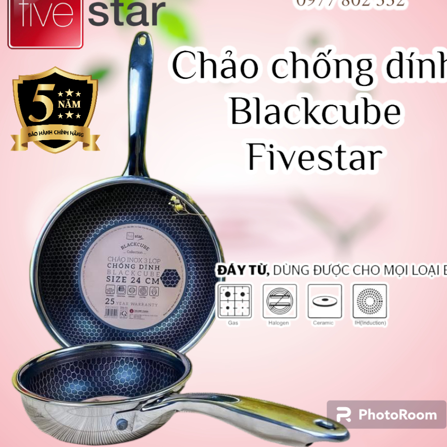 [Fivestar] (inox 304) Chảo inox 3 lớp chống dính BlackCube 16, 20, 22, 24, 26, 28 cm. Chảo chống trầ