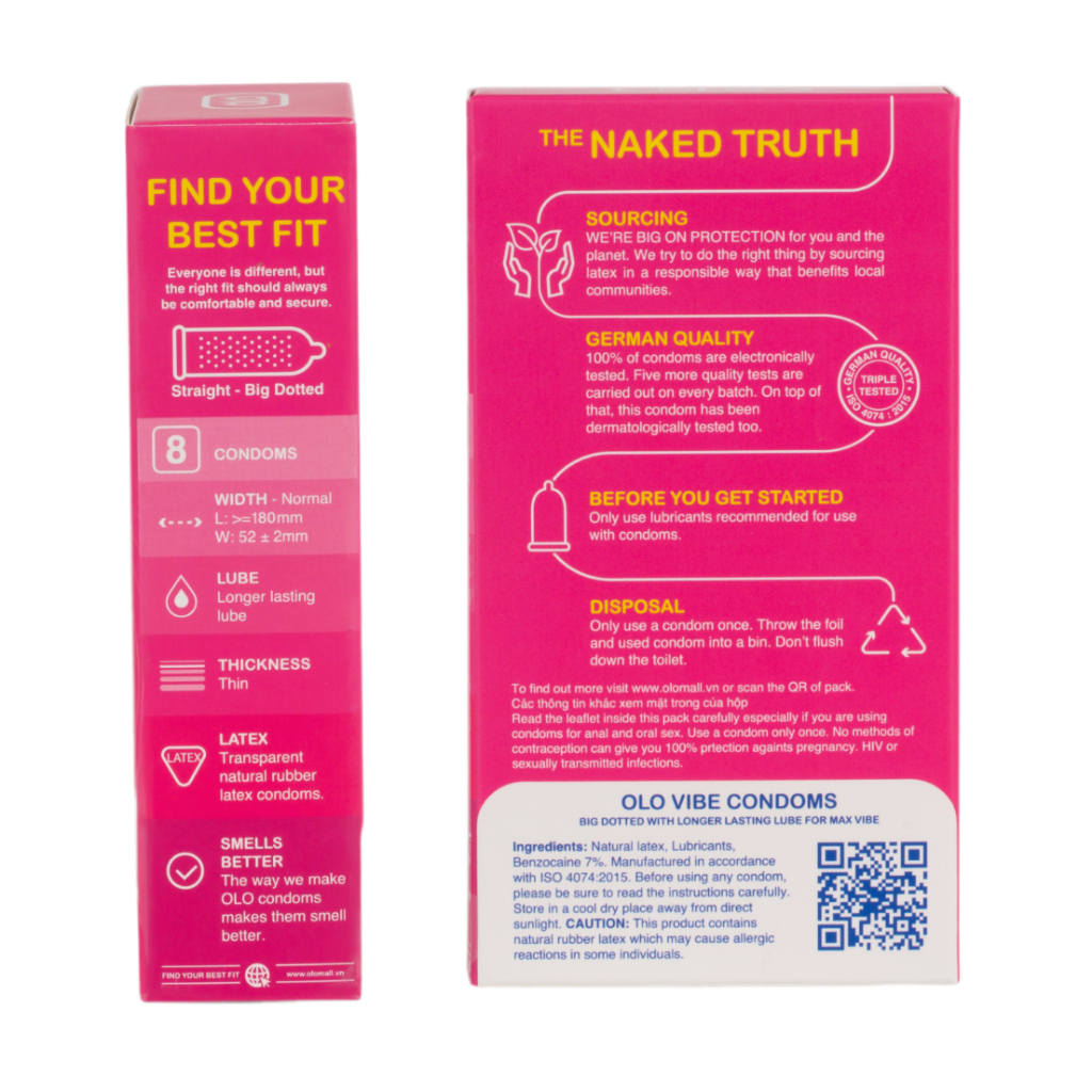 Bao cao su OLO Vibe hộp 8 cái - gai lớn, size 52mm, benzocaine 7% kéo dài thời gian, thơm mát, cùng bạn yêu dài lâu