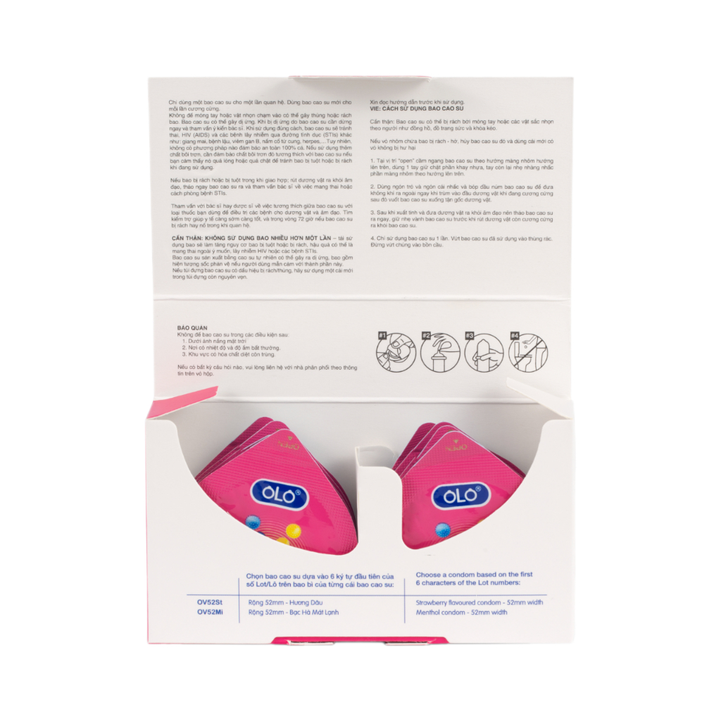 Bao cao su OLO Vibe hộp 8 cái - gai lớn, size 52mm, benzocaine 7% kéo dài thời gian, thơm mát, cùng bạn yêu dài lâu