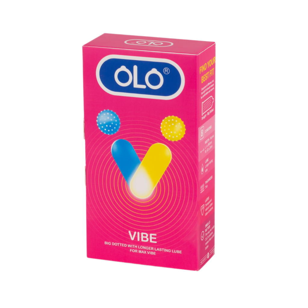 Bao cao su OLO Vibe hộp 8 cái - gai lớn, size 52mm, benzocaine 7% kéo dài thời gian, thơm mát, cùng bạn yêu dài lâu