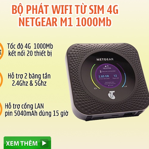 Netgear M1 M2 Netgear Nighthawk MR1100, Bộ Phát Wifi  Từ Sim 4G Tốc Độ 2Gb Cực Nhanh, Hỗ trợ 2 băng 