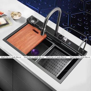 Chậu Rửa Bát Hiển Thị Nhiệt Độ Bồn Rửa Chén Một Hố Inox 304 Vòi Xả Ngang 5 Chế Độ Đa Chức Năng