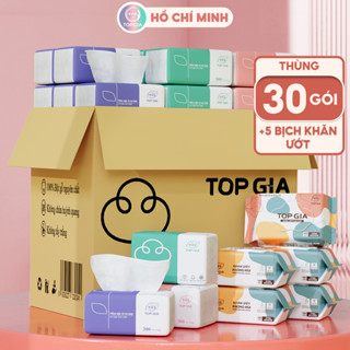 Combo thùng 30 gói giấy ăn rút kèm 5 bịch khăn ướt Topgia 100 tờ không cồn không parabens cao cấp
