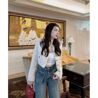 LALASTUDIO• Áo dạ tweed dáng ngắn cổ tròn cúc cài kim loại phong cách tiểu thư sang chảnh