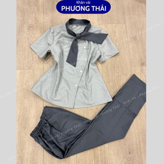 Bộ đồng phục spa, đồng phục lễ tân, trường học, cổ nơ vải cotton lạnh cao cấp