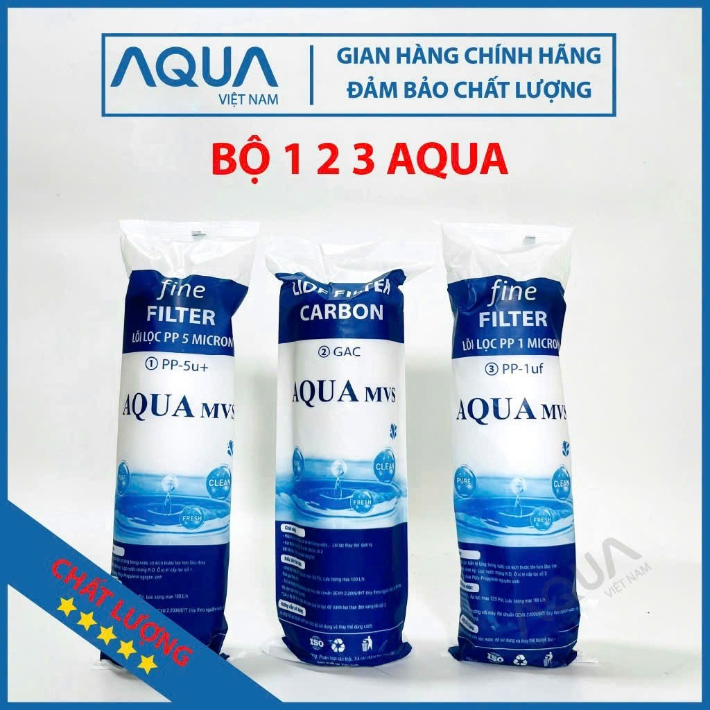Bộ 3 lõi lọc nước 1,2,3 AQUA Chính hãng, sử dụng máy lọc nước Kangaroo, Karofi, Sunhouse, AquA..vv