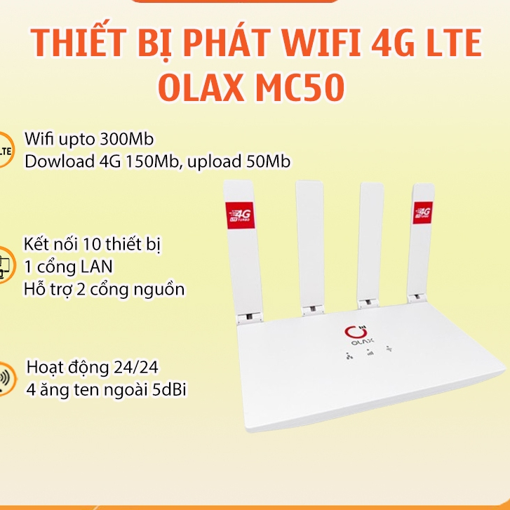 Thiết bị Wifi OLAX MC50 4G LTE Turbo, 4 Ăng Ten Ngoài , Kết Nối 10 Thiết Bị, Nguồn Type-C Và 12V Tiệ