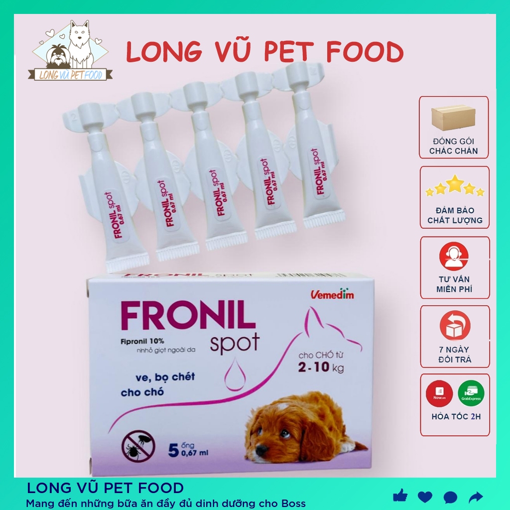 Hộp 5 ống nhỏ gáy ve rận bọ chét cho chó Fronil spot hiệu quả kéo dài đến 4 tuần - Long Vũ Pet Food
