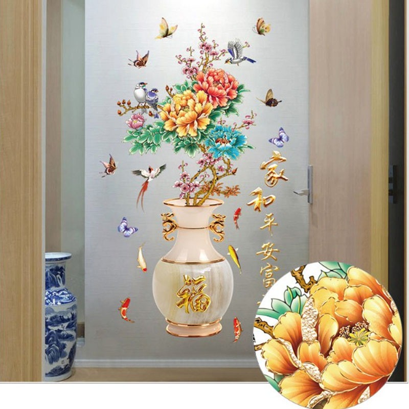 Decal trang trí tường - Bình Hoa Mẫu Đơn Khoe Sắc Ngày Tết-SK2019AB(60*90*2)