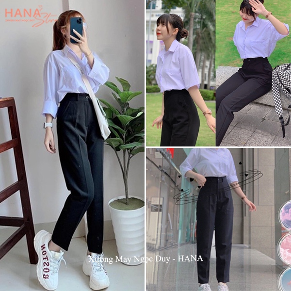 Quần tây nữ đi học lưng cao cạp A668 có đỉa ống đứng suông màu Xanh Đen dáng quần vải baggy học sinh nữ đi học đáy cao