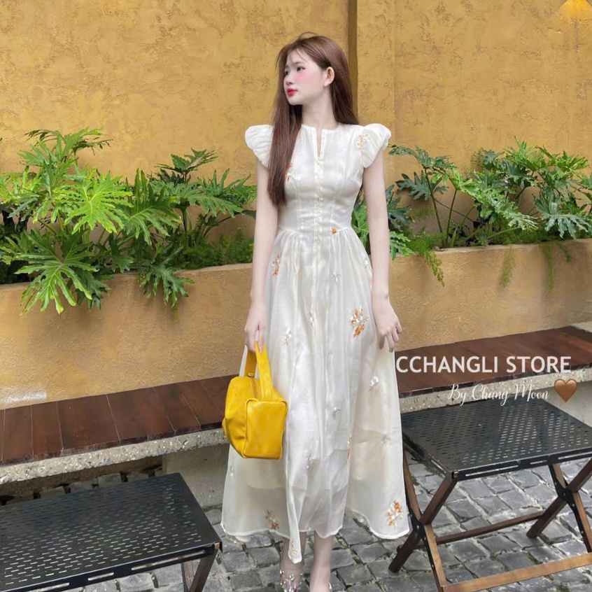 Đầm thiết kế công chúa nhẹ nhàng, tinh khôi cực iu đầm tơ dáng dài xòe tay con phồng họa tiết in hoa - SHOP NGÔ FASHION