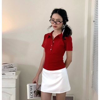 Áo thun tay ngắn nữ cổ polo hot trend - Áo chất len tăm mịn ôm body, co giãn