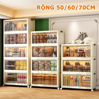Tủ nhựa (rộng 50/60/70cm) tủ đựng đồ ăn nhẹ, quần áo, đồ chơi có thể gấp gọn - Bảng trong suốt + cửa từ + bánh xe