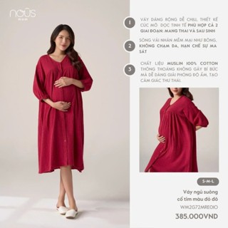 Nous Mom Váy ngủ suông cổ tim màu đỏ đô dành cho mẹ bầu thiết kế dài tay