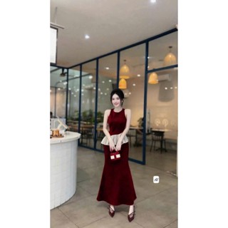  Set váy ngày Tết dành cho nữ chất nhung cứng áo sát nách phối lai bèo kết hợp cùng chân váy đuôi cá sang trọng 