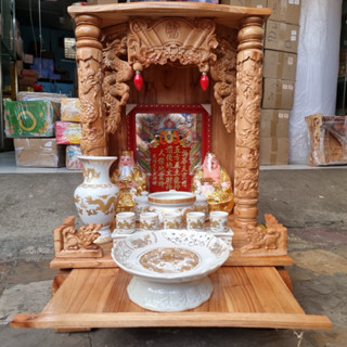 [COMBO 7 MÓN GIÁ SỈ] Bộ Bàn Thờ Thần Tài Ông Địa Ngang 42cm x 61Cm Gỗ Xoan Tự Nhiên