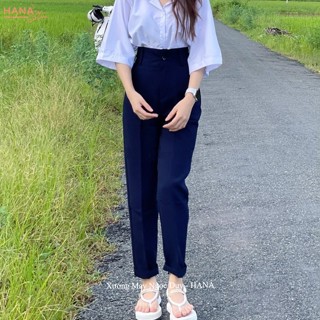 Quần tây nữ đi học lưng cao khóa giữa dáng dài màu Đen Xanh - Quần vải baggy học sinh cạp cao cấp 3 nữ phối áo sơ mi đẹp