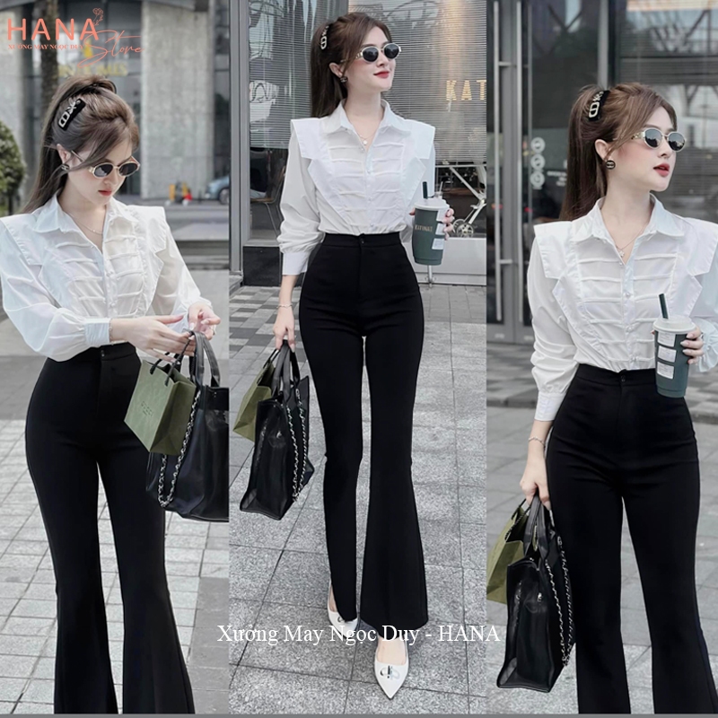 Quần tây ống loe co giãn khóa trước có túi trước sau 1 khuy cài màu Đen dáng quần ống loe lưng cao co dãn đi học côn sở