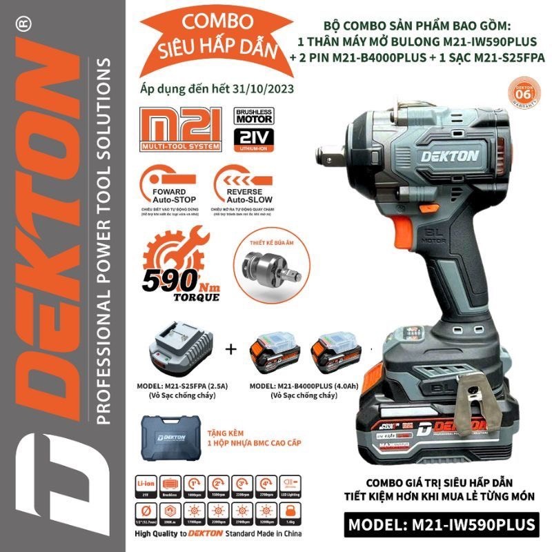 Máy siết bulong pin 21V Dekton M21-IW590Plus Lực Siết 590Nm Không Chổi Than chân Pin Phổ Thông.