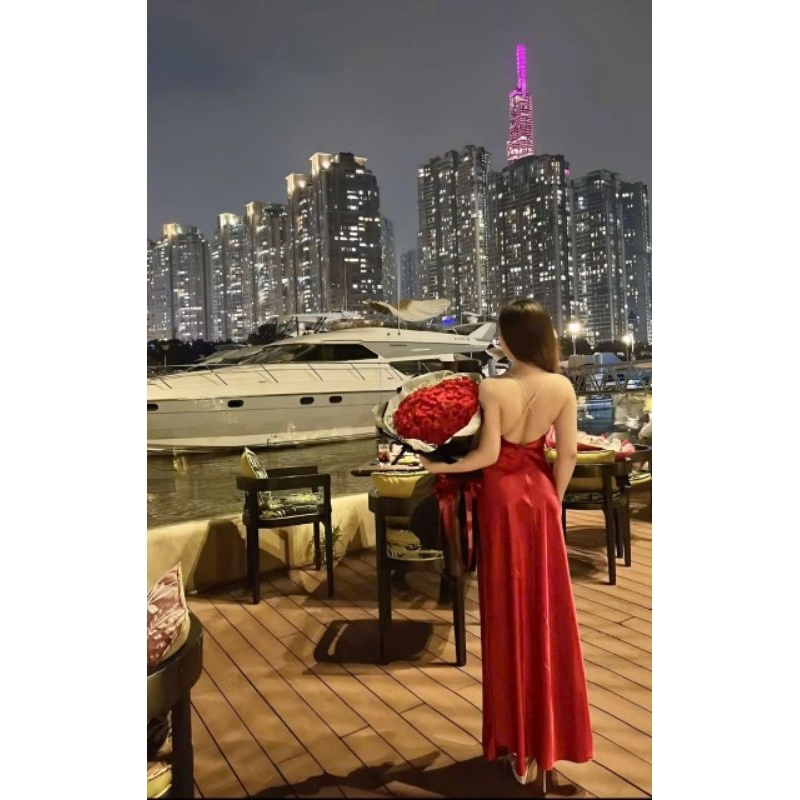 Đầm Lụa Cổ Đổ Hở Lưng Dây Đá Cao Cấp- Váy Lụa Cổ Đổ Hở Lưng Dáng Dài Tôn Dáng Sang Chảnh | BigBuy360 - bigbuy360.vn