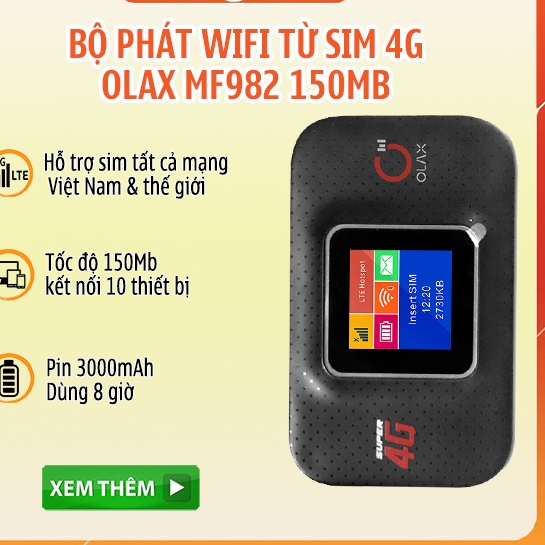 Bộ Phát Wifi Cầm Tay 4G/3G OLAX MF980L MF982 Màn Hình LCD Tốc Độ 150Mb - Hỗ Trợ Sim 4G Đa Mạng, Nhỏ 