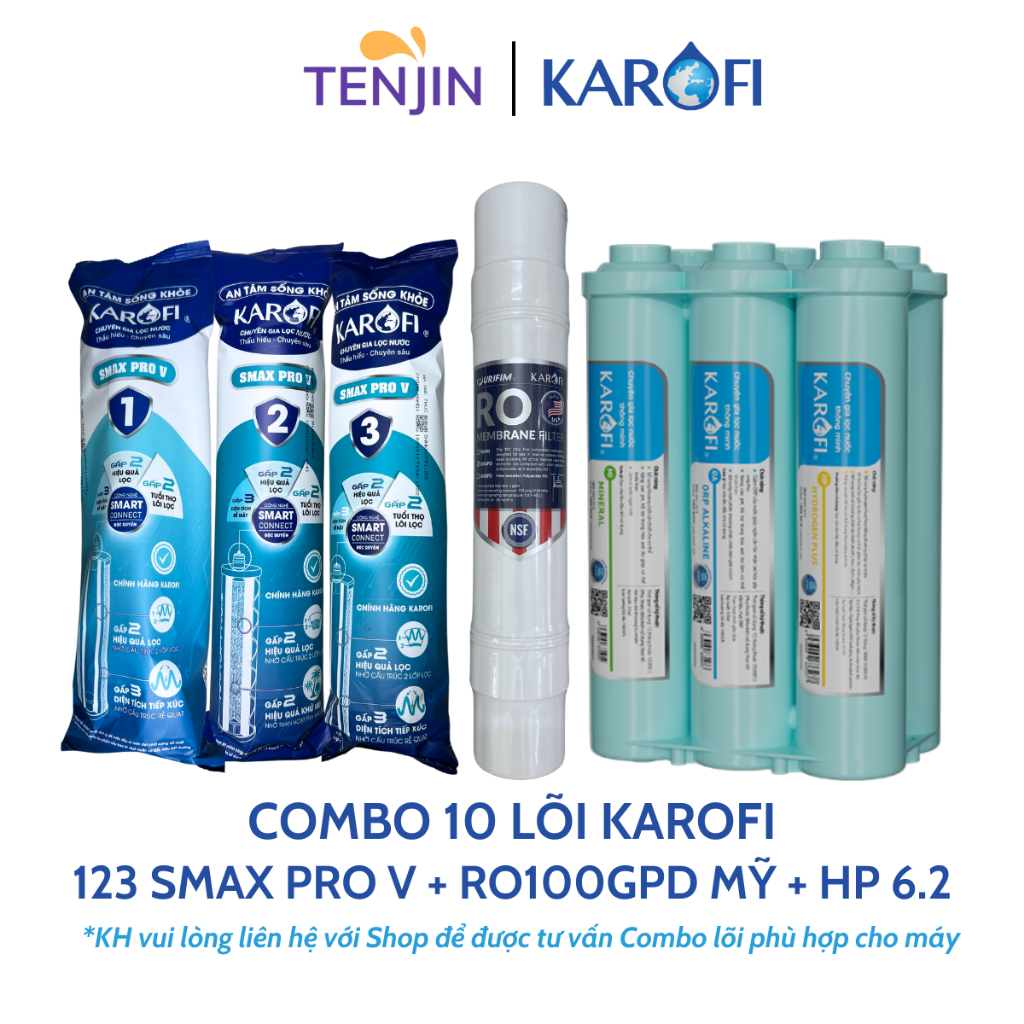 Combo 10 Lõi Lọc Karofi Sử Dụng 123 Smax Pro V, Màng RO 100GPD Purifim Mỹ Và Bộ Hiệu Suất Cao Smax HP 6.2