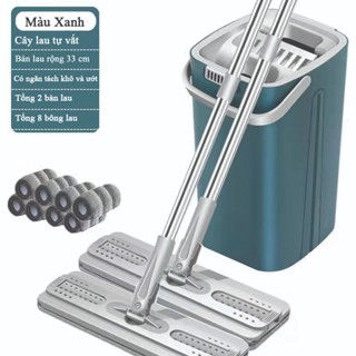 Bộ Cây lau Nhà ( 1 Thùng +2 Cây Lau +8 Bông Lau) Tự Vắt Thông Minh Tiện Lợi Lau Sàn Sạch Cán Inox