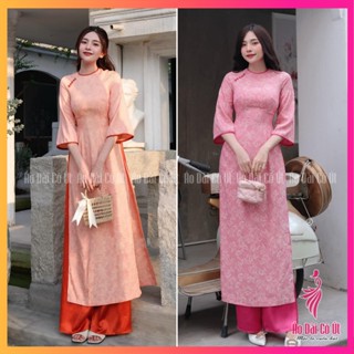 Áo dài cách tân nữ vải gấm hoa cổ tròn đính cúc tay loe hàng may sẵn