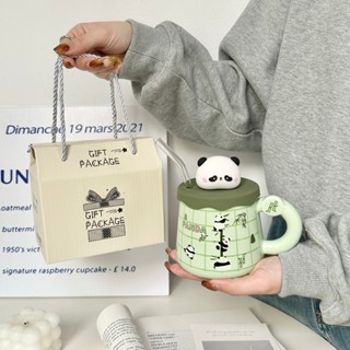 Cốc uống nước cốc sứ hình gấu trúc dễ thương làm quà sinh nhật quà tặng 400ml+Ống hút thuỷ tinh XMB