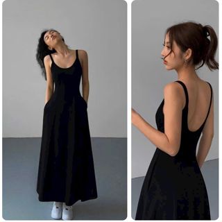 Váy Dài Cổ Chữ tròn SANJOLI Đầm dự tiệc hai dây 2s Nữ Dáng Dài Xòe chất len gân Sang Trọng VD014 Không túi