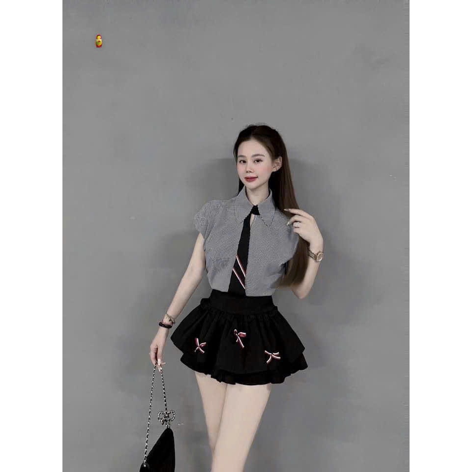 Set hot 2 món gồm áo sơmi tay ngắn mix carvat phối chân váy ngắn xếp ly đính nơ kèm ảnh thật