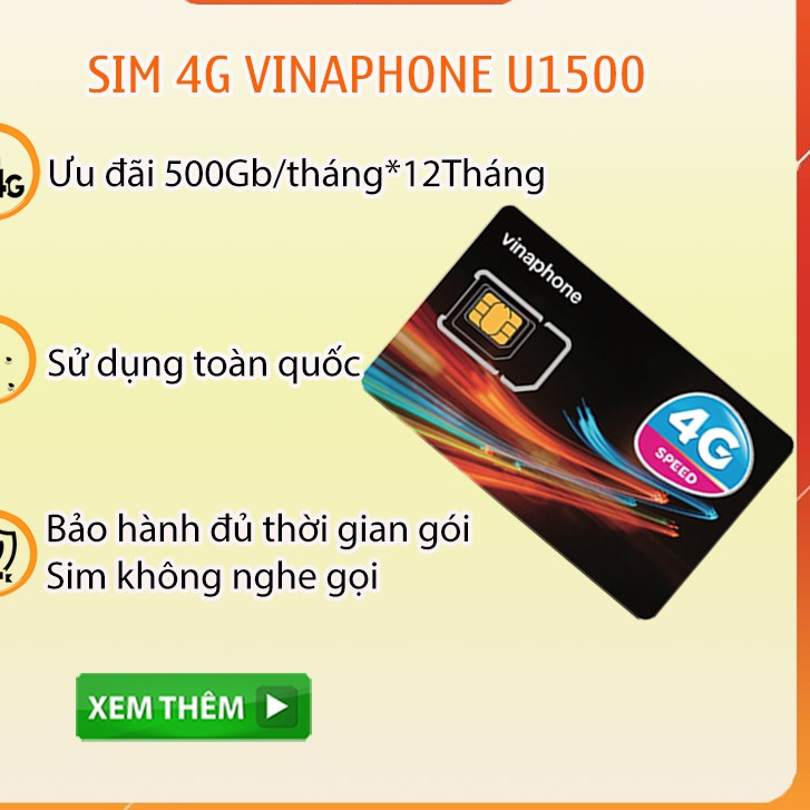 Sim 4G 5G Vinaphone U1500 - Tặng 500GB/Tháng - Trọn Gói 1 Năm Không Cần Nạp
