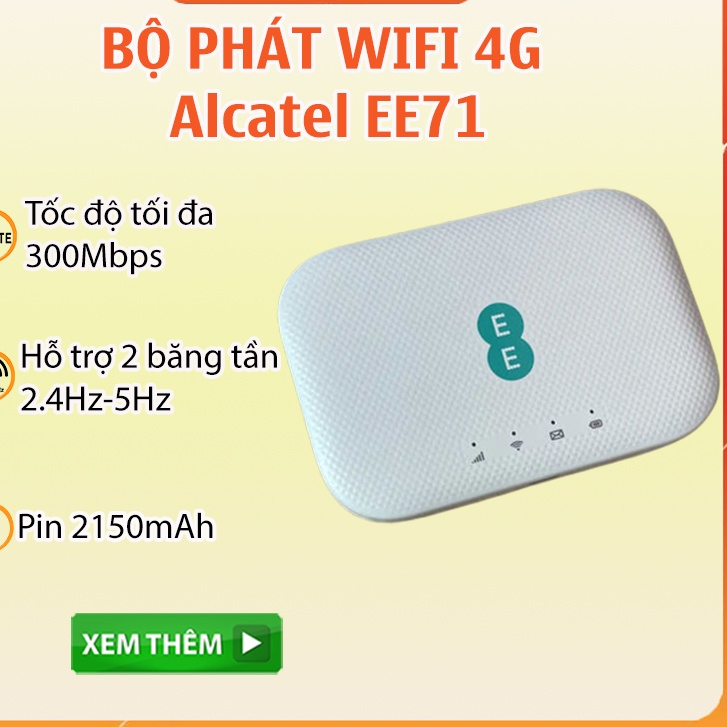 Bộ Phát Wifi Di Động 4G Alcatel EE71, BT71 2 băng tần 2,4Ghz và 5Ghz,Tốc Độ 4G 300Mbps, Pin 2150mAh 