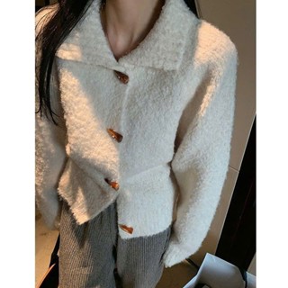 [SẴN] Áo khoác len cardigan cổ bẻ khoác sừng, áo len nữ lông cừu dáng rộng cổ Polo - 181